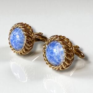 Vintage Cufflinks Mens Gold Tone Blue Swirl Glass Regency Bullet Back